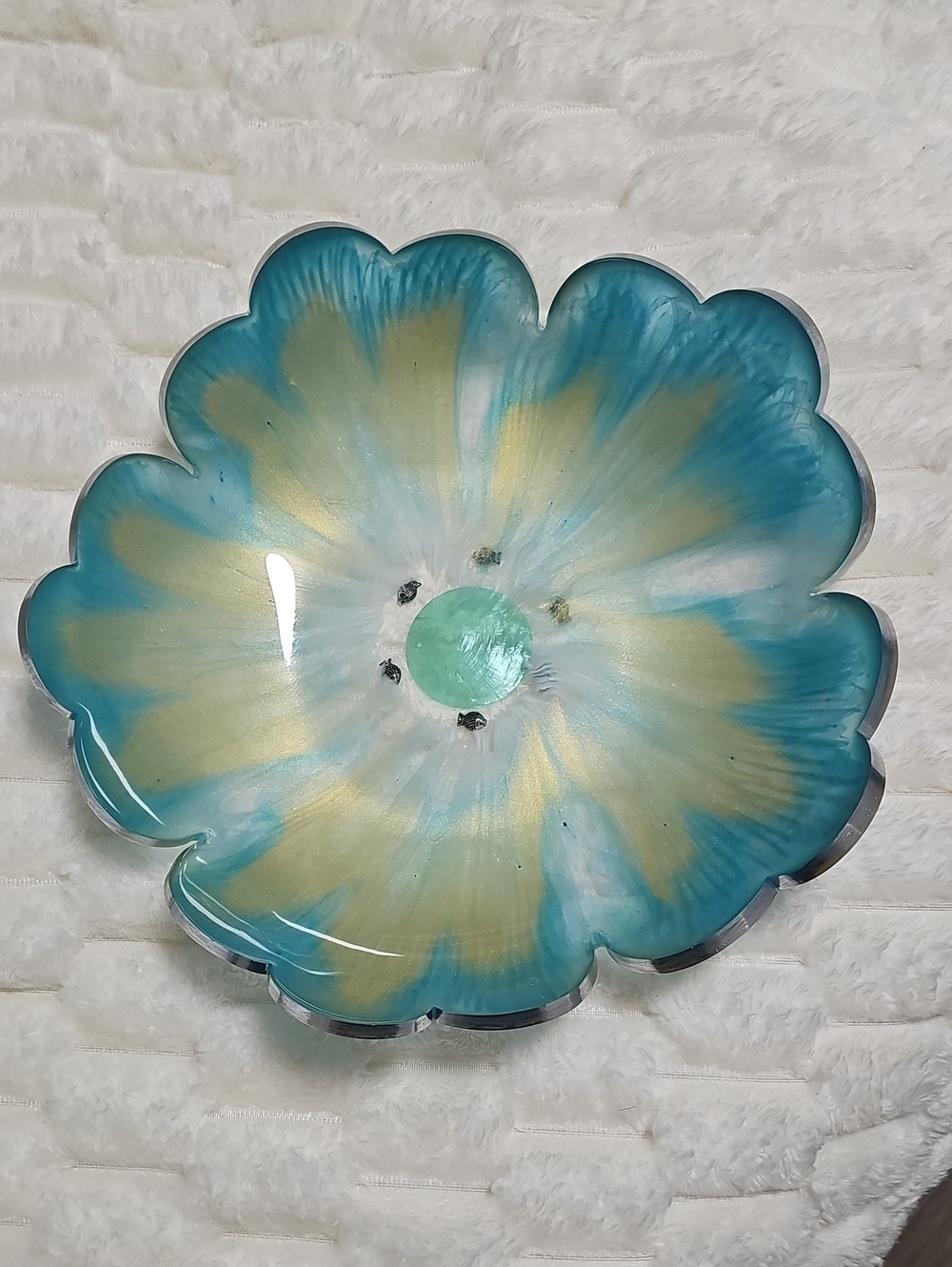 Decorative Resin Flower Bowl in Teal and Gold